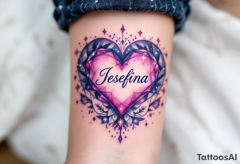 A heart surrounded by cosmic elements, with name "Jesefina" written in an elegant white script, accented by soft purple and silver sparkles. tattoo idea