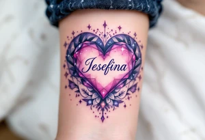 A heart surrounded by cosmic elements, with name "Jesefina" written in an elegant white script, accented by soft purple and silver sparkles. tattoo idea