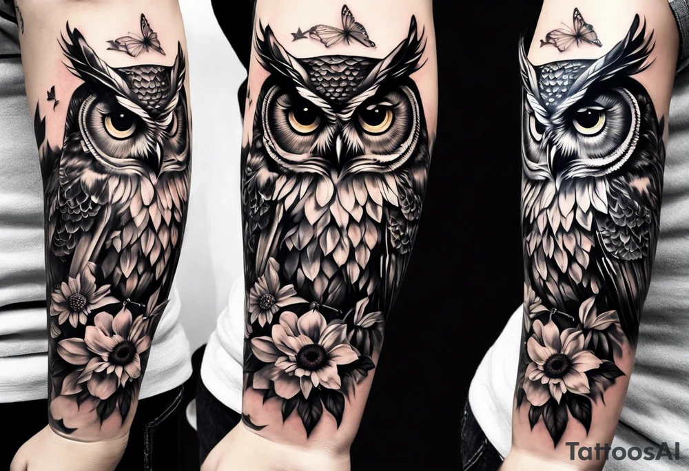 Sleeve with an owl, sunflower and butterfly tattoo idea