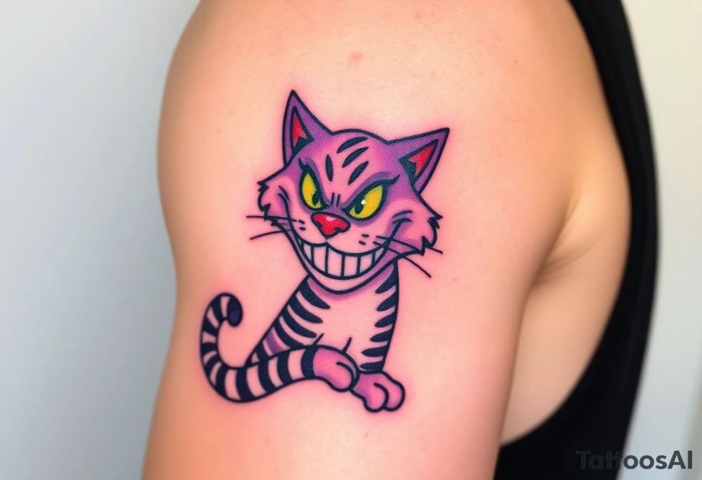 colourful Cheshire Cat from Alice in Wonderland, tattoo idea