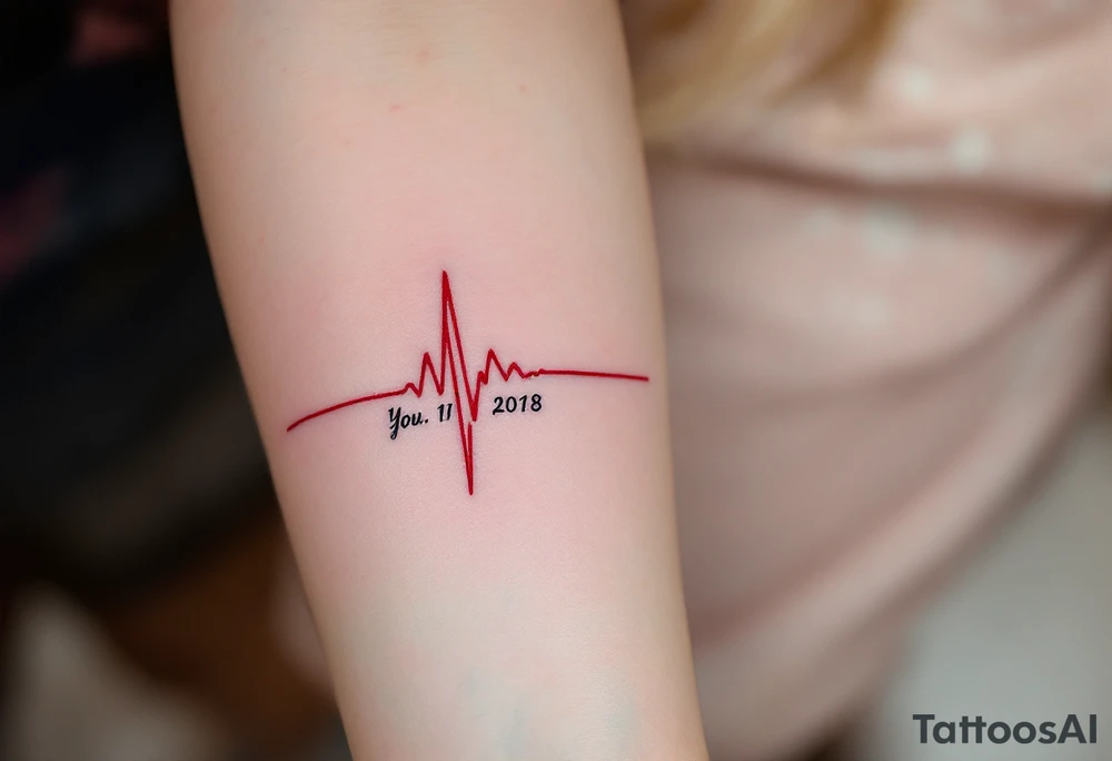 A heartbeat line ending in a red spike with your wedding date in cursive on the forearm marks love's most important moment. tattoo idea