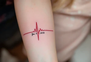 A heartbeat line ending in a red spike with your wedding date in cursive on the forearm marks love's most important moment. tattoo idea