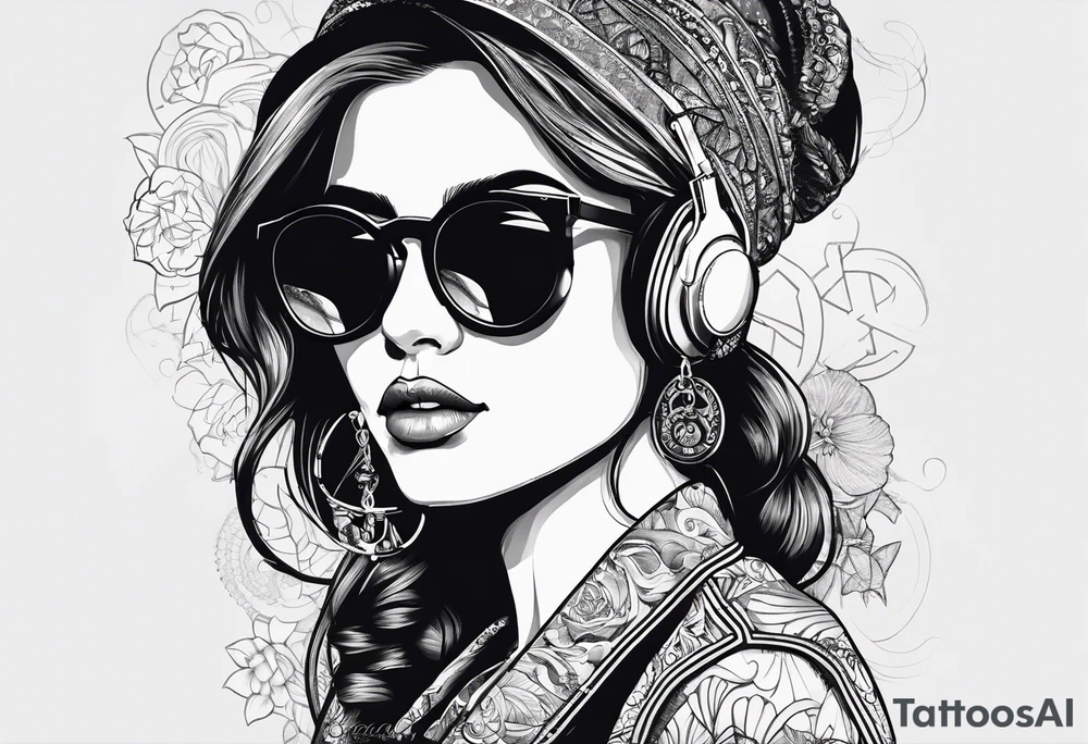 Hipster girl with round sunglasses listening to a tape tattoo idea