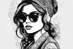 Hipster girl with round sunglasses listening to a tape tattoo idea
