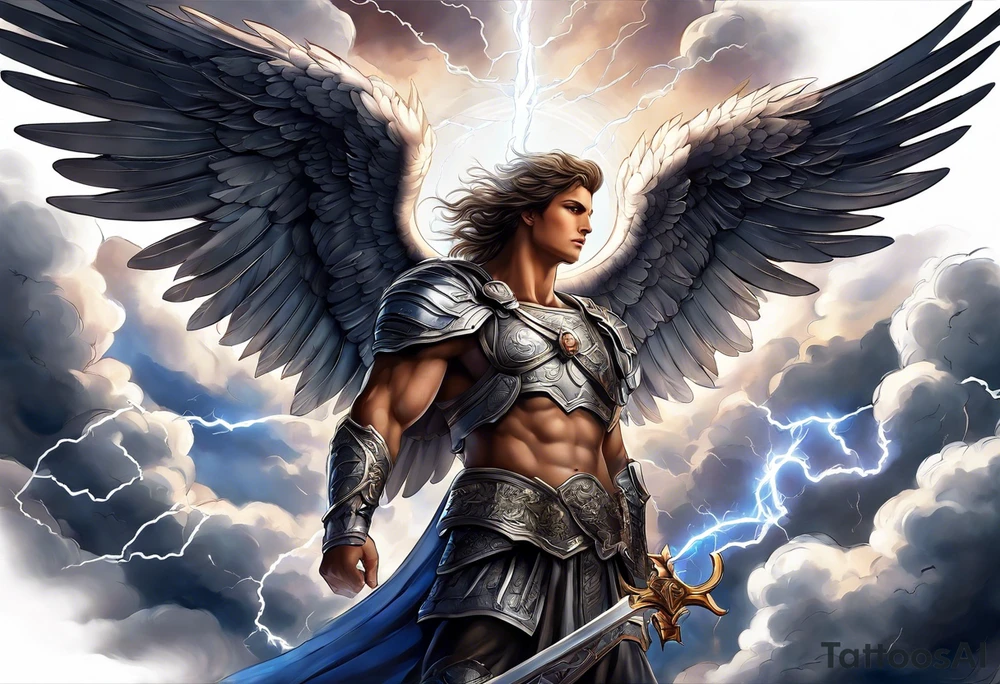 forearm sleeve of michael the archangel with clouds and lightning tattoo idea