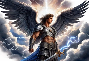 forearm sleeve of michael the archangel with clouds and lightning tattoo idea