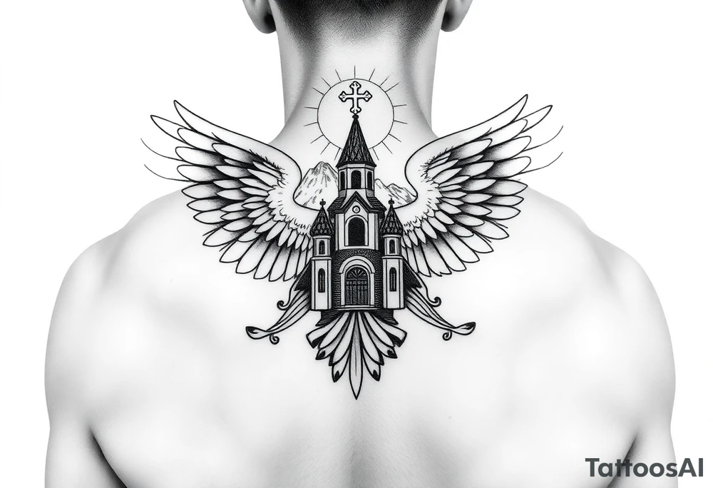 an actual russian coat of arms with the eagles wings spanning out on my back neck across my shoulders / traps with a orthodox christian church being visible in a mountainous sun beaming setting, with the russian orthodox cross spire of the orthodox church being visible on my neck with a sun beaming in the background that the cross sits inside tattoo idea