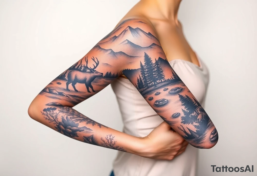 A full-sleeve with the Härjedalen landscape, reindeer, bear, lakes tattoo idea