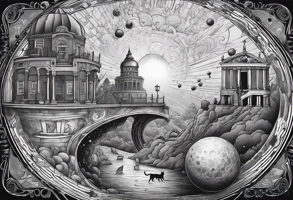 a black hole centered, with historical buildings surrounding it in chronological order, with schrodinger's cat depicted as sisyphus pushing a boulder tattoo idea