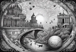 a black hole centered, with historical buildings surrounding it in chronological order, with schrodinger's cat depicted as sisyphus pushing a boulder tattoo idea