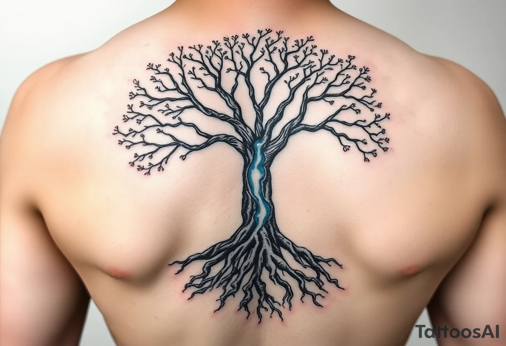 Black and white Tree with roots. Blue water inside the whole tree like veins tattoo idea