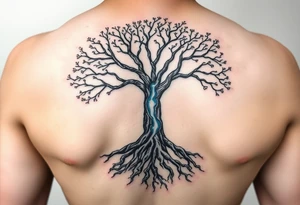 Black and white Tree with roots. Blue water inside the whole tree like veins tattoo idea