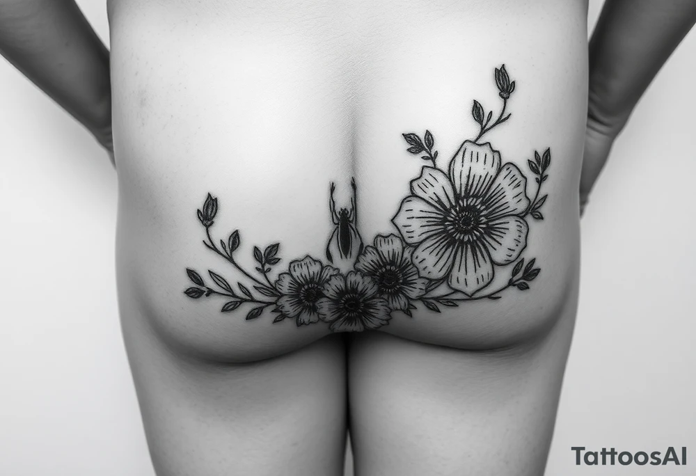 Hip and thigh tattoo with Thinner lines and flowers something dainty but also bohemian with maybe a touch of an insect or small animal tattoo idea