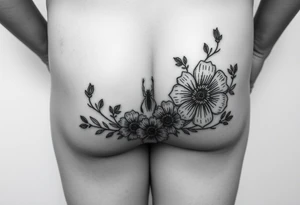Hip and thigh tattoo with Thinner lines and flowers something dainty but also bohemian with maybe a touch of an insect or small animal tattoo idea