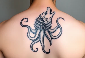 A surreal wolf octopus howling tattoo idea