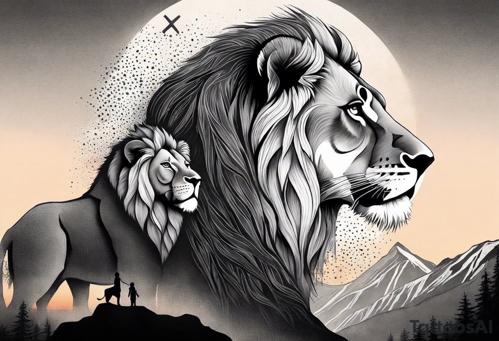 Tattoo in the shape of a lion head with a father and son in the mountains with  a waterfall and cross in the background and a sunset inside of it tattoo idea