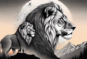 Tattoo in the shape of a lion head with a father and son in the mountains with  a waterfall and cross in the background and a sunset inside of it tattoo idea