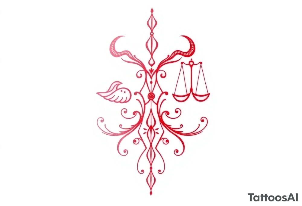 Tattoo that combines the star sign Taurus and Libra ,in red , down the spine tattoo idea