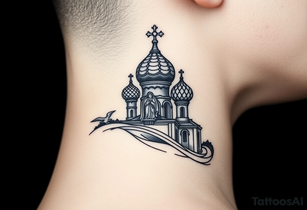 Flowing Scene

A onion domes orthodox church
Virgin Mary in prayer pose wrapping around the lower neck curve
A small double headed russian coat of arms eagle or just the star tucked above the dome near the hairline tattoo idea