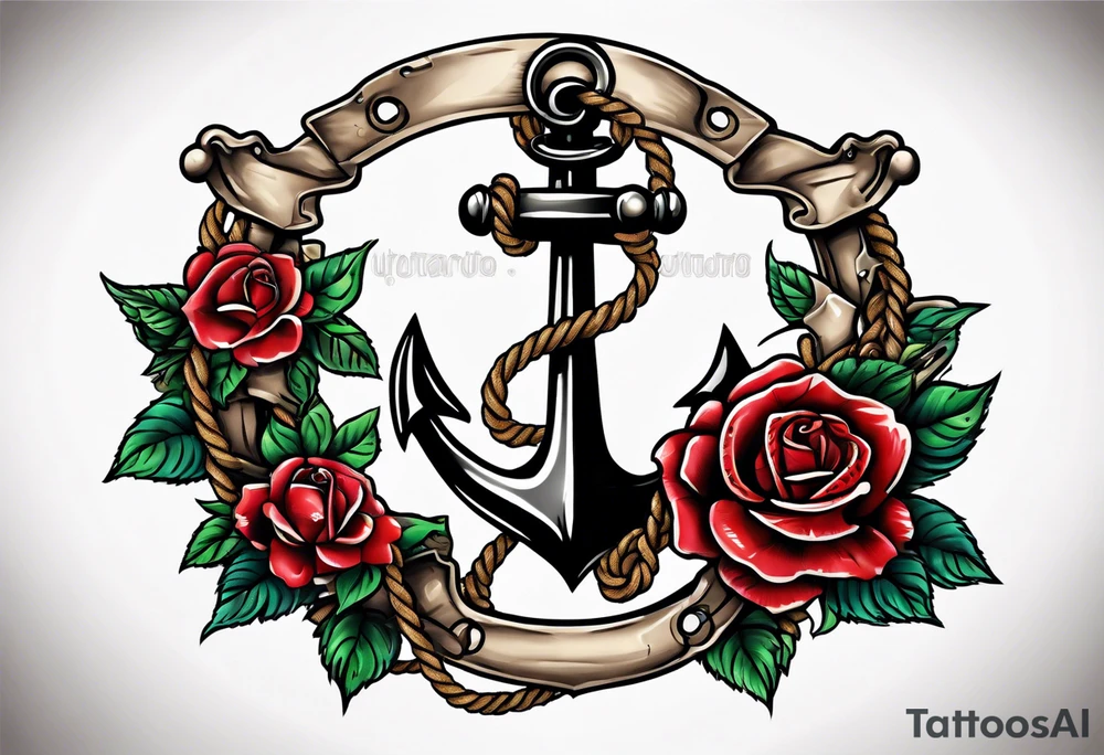 old school anchor with rope wrapped around anchor and banner across anchor and old school roses tattoo idea
