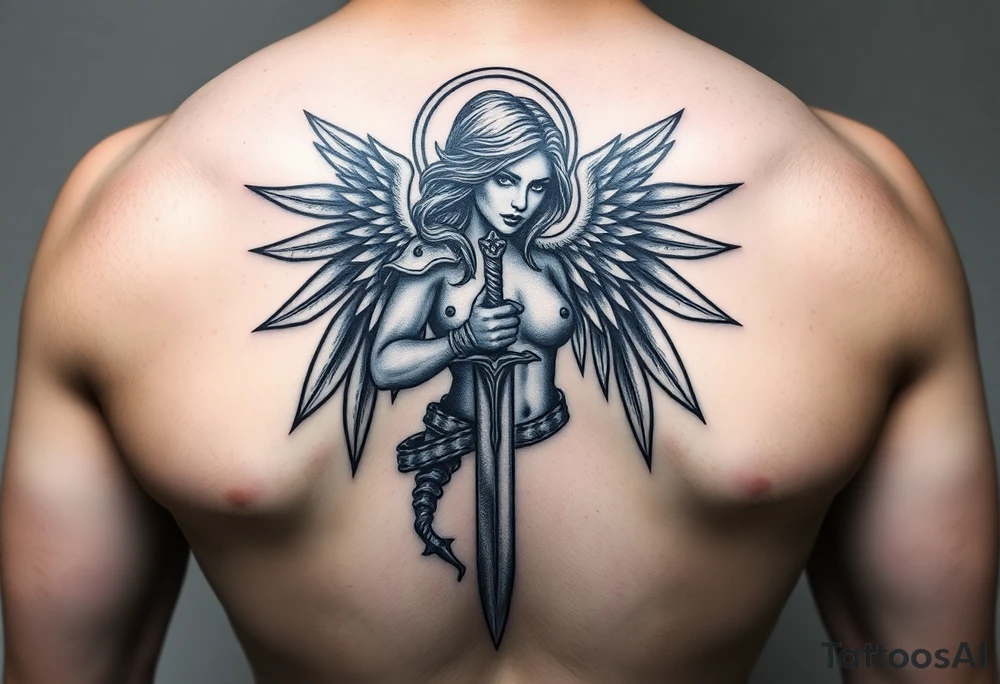 Fierce Female Angel warrior with dagger and realistic lighting bolts going around body Greek mythology style with dark shading tattoo idea