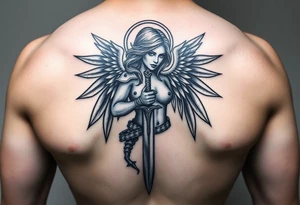 Fierce Female Angel warrior with dagger and realistic lighting bolts going around body Greek mythology style with dark shading tattoo idea