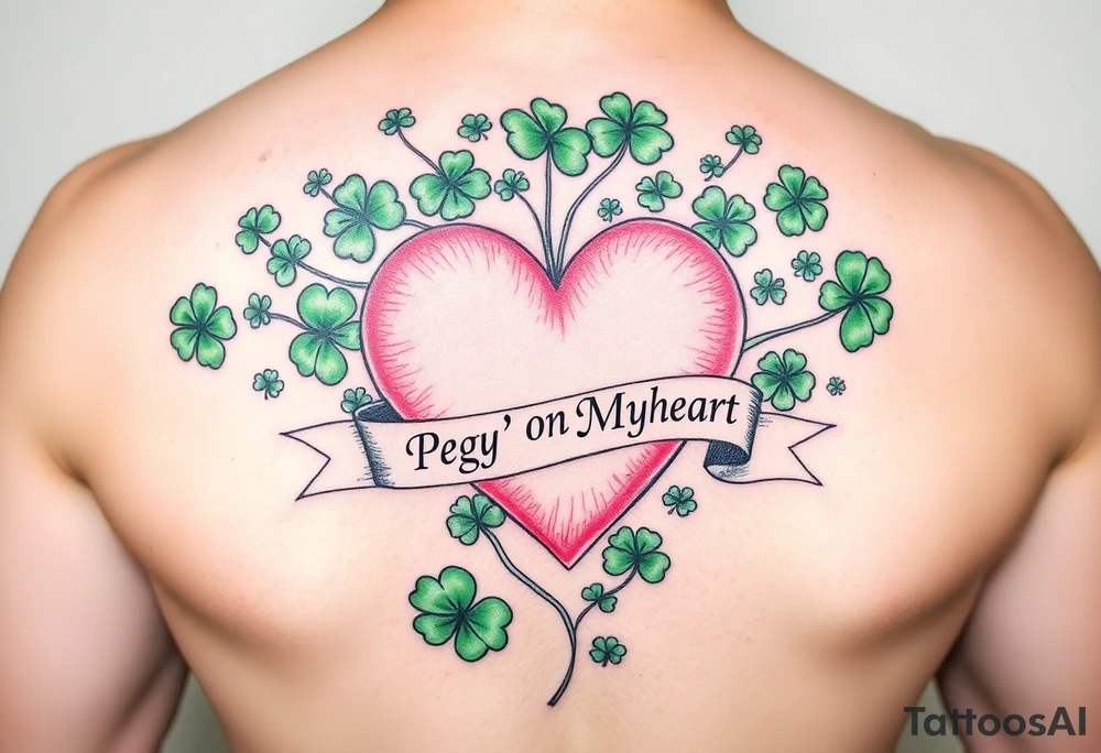 A lot of green shamrocks & ahorses with a big Pink heart and a banner across the heart that says Peg 'o My Heart tattoo idea