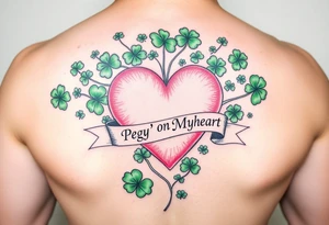 A lot of green shamrocks & ahorses with a big Pink heart and a banner across the heart that says Peg 'o My Heart tattoo idea