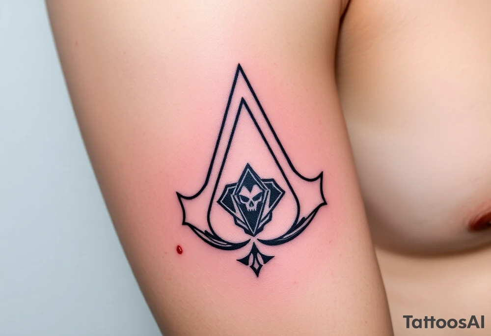 Assassins Creed emblem with main character,. Weapons with blood splashes on background. tattoo idea