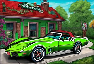 A 1976 green convertible Corvette with a skeleton smoking a cigarette and throwing a Budweiser can out of the rooftop tattoo idea