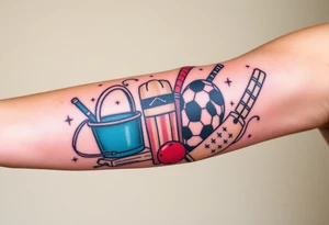 Childhood memories of a book, a bucket and spade, a football, a cricket bat, a teabag, a biscuit, a comic tattoo idea