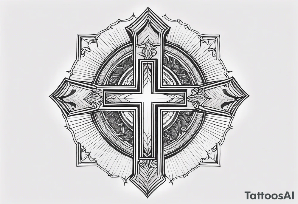 Tattoo: A refined cross with a soft halo on top of it, symbolizing light and spirituality. Delicate rays extend outward from the halo, adding a subtle glow and depth. The cross itself is simple and elegant, with potential for small, intricate line details within the design. tattoo idea