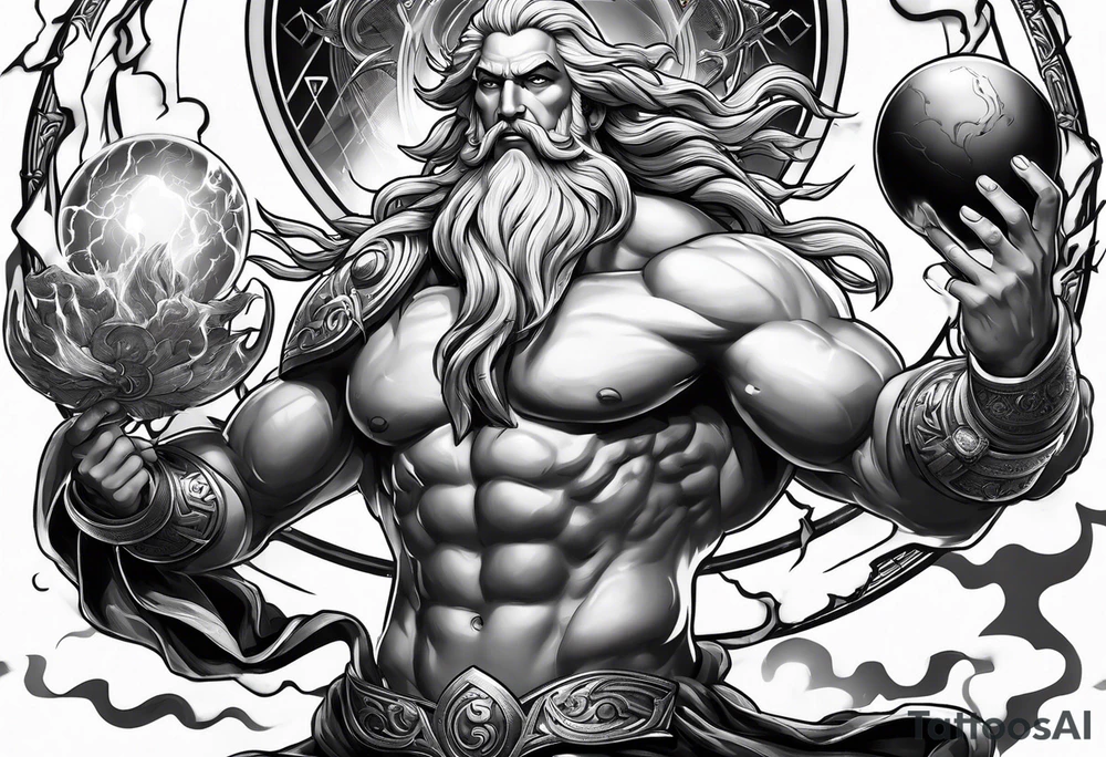 Zeus holding Lightning balls with Lightning eyes asserting dominance tattoo idea
