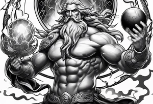 Zeus holding Lightning balls with Lightning eyes asserting dominance tattoo idea