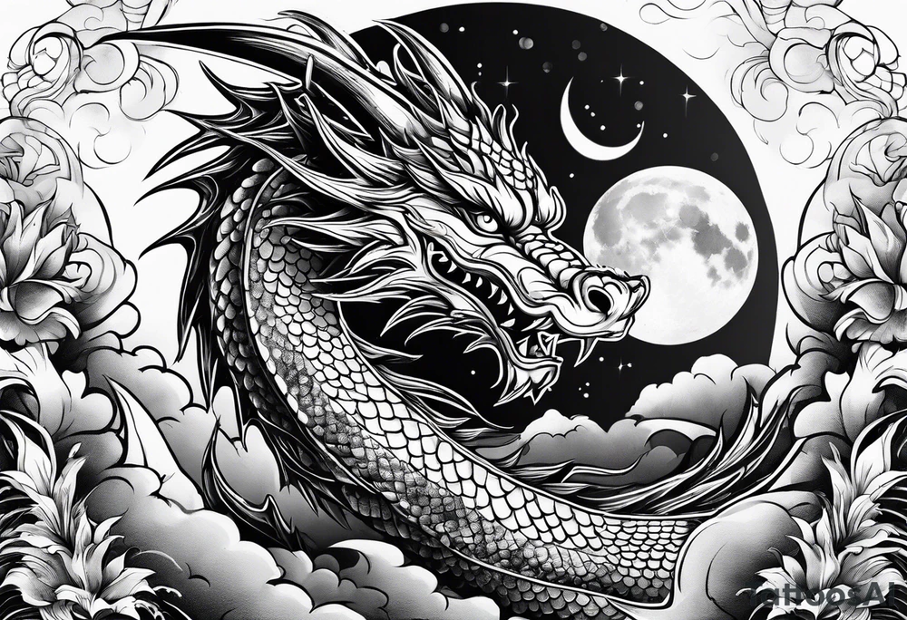 Dragon with Seven number format with full moon on background tattoo idea