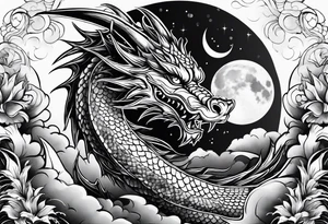Dragon with Seven number format with full moon on background tattoo idea
