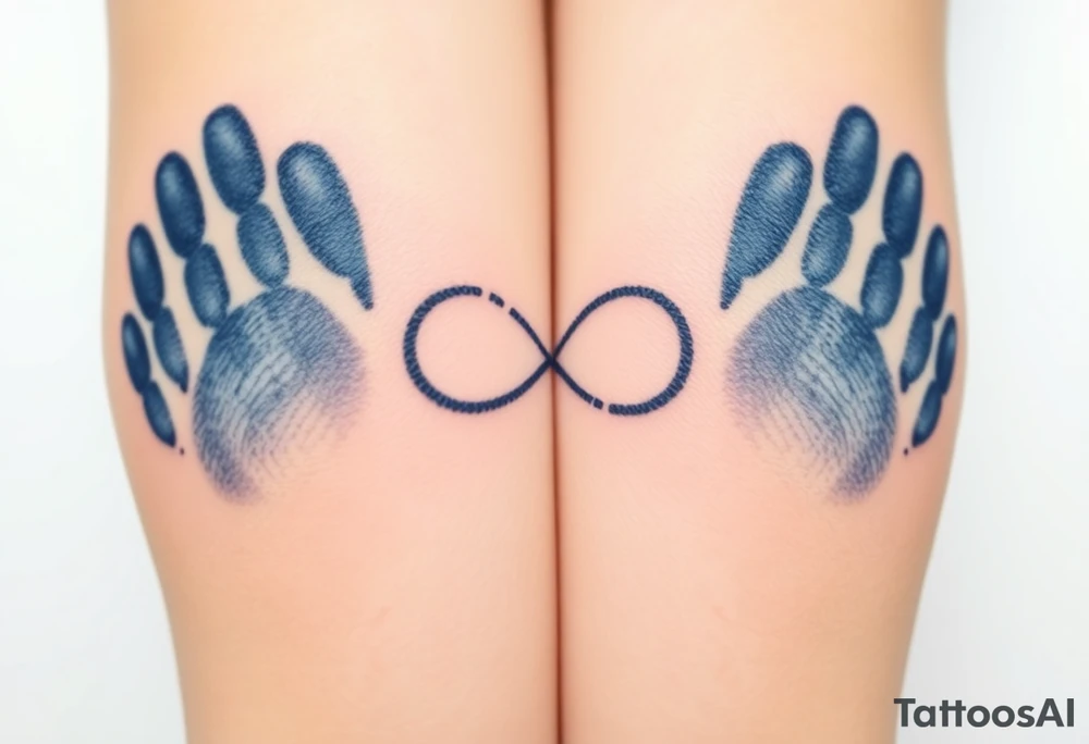 Two overlapping fingerprints in shades of navy blue and silver, forming an infinity symbol, representing an unbreakable bond tattoo idea