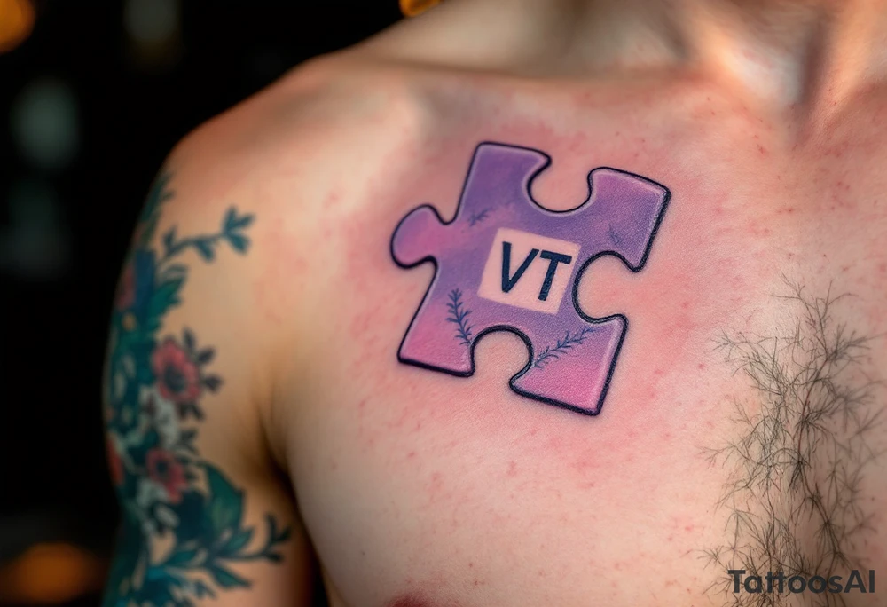 A puzzle piece in pastel purple with the daughter’s initials VT inside, symbolizing how she completes your heart. tattoo idea