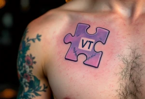 A puzzle piece in pastel purple with the daughter’s initials VT inside, symbolizing how she completes your heart. tattoo idea