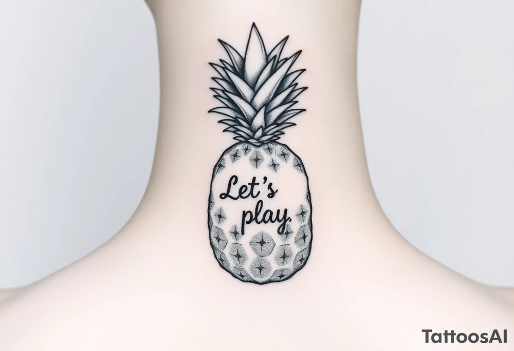 A black ink wrist tattoo featuring a realistic yet minimalistic pineapple. The pineapple is finely detailed with clean, precise lines, capturing the natural texture of the fruit while keeping the design subtle and uncluttered. Inside the body of the pineapple, the phrase "Let's play" is clearly placed in a bold but not overly thick font, ensuring readability while maintaining balance with the overall design. The leaves of the pineapple have a fine-line style with slight variations in thickness for a natural feel. The tattoo blends fine details with subtle bold elements, creating a clean and modern aesthetic. tattoo idea