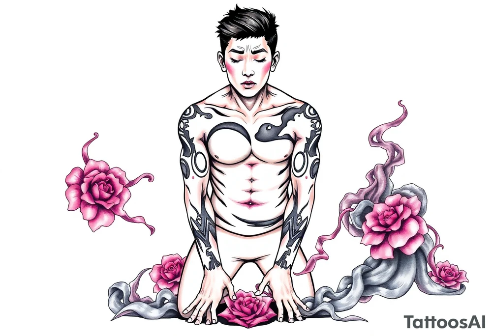 Handsome Asian young guy is standing on his knees upset tattoo idea
