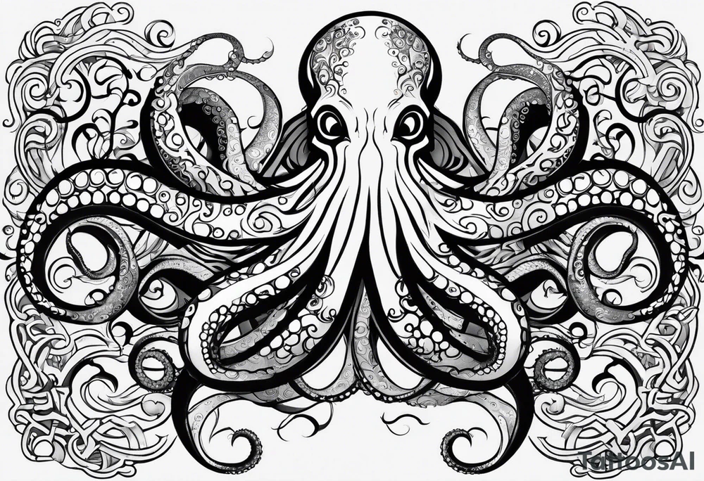 Tribal half sleeve. octopus surrounded by ribbons of water waves filled with fish. the octopus has no eyes. Use thick lines only with less detail. tattoo idea
