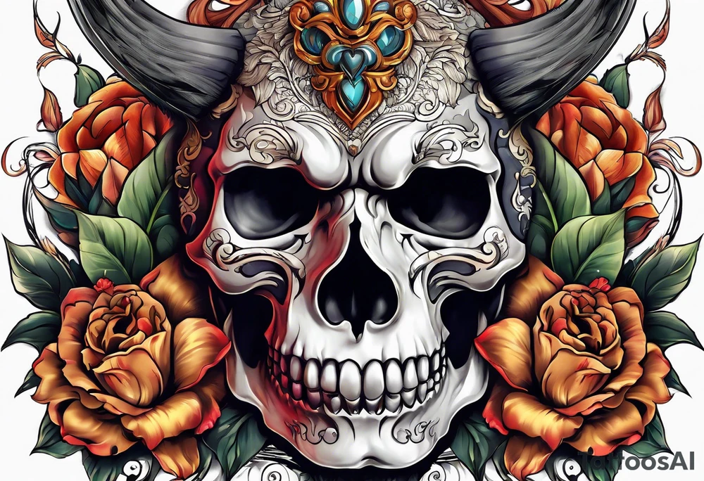 Half lion half skull,  demons, flowers tattoo idea