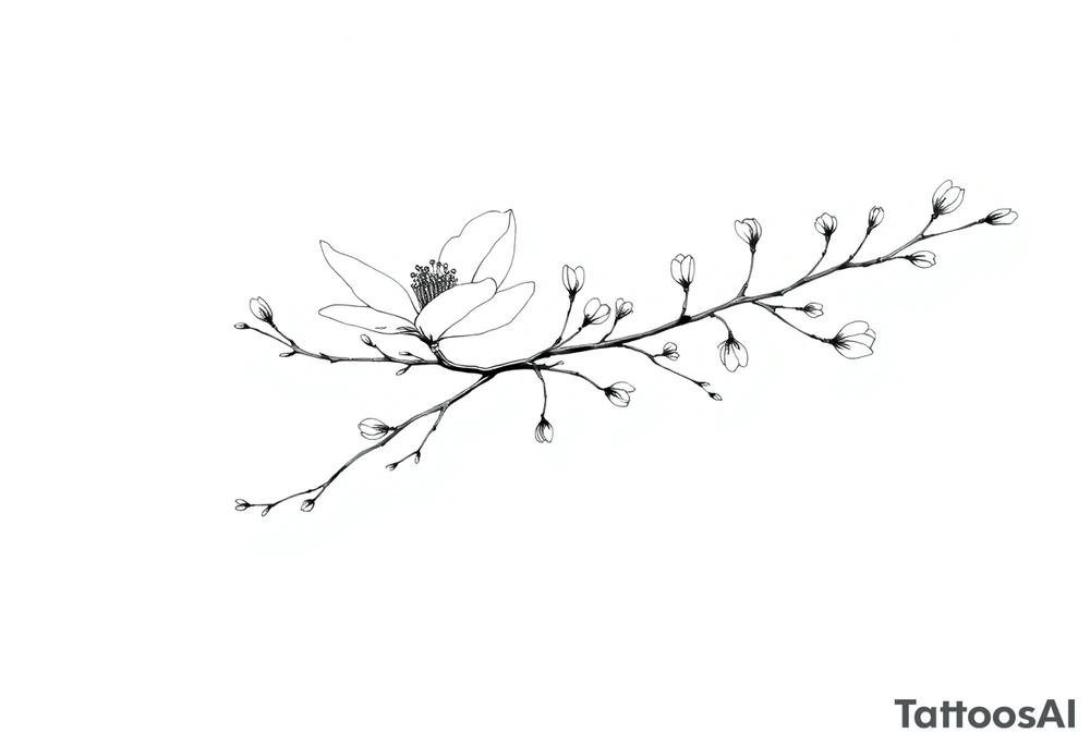 Graceful long magnolia branch with small flowers in early blossom stage with closed flowers tattoo idea