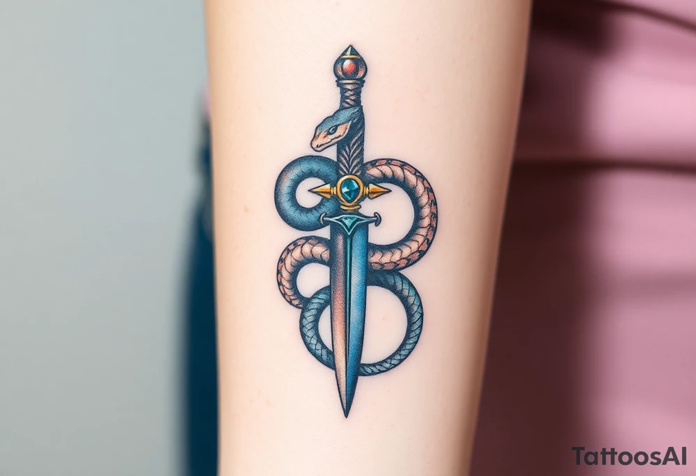 mystical snake coiled around an ancient dagger with jeweled hilt tattoo idea