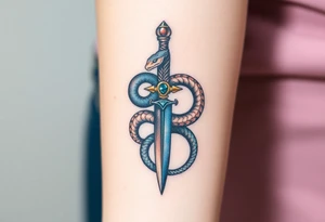 mystical snake coiled around an ancient dagger with jeweled hilt tattoo idea