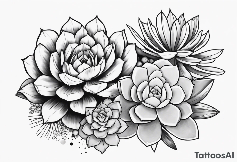 fine line. one big succulent in the middle. Two smaller succulents on the side. Dots and floral
. Sternum tattoo grey scale shading tattoo idea