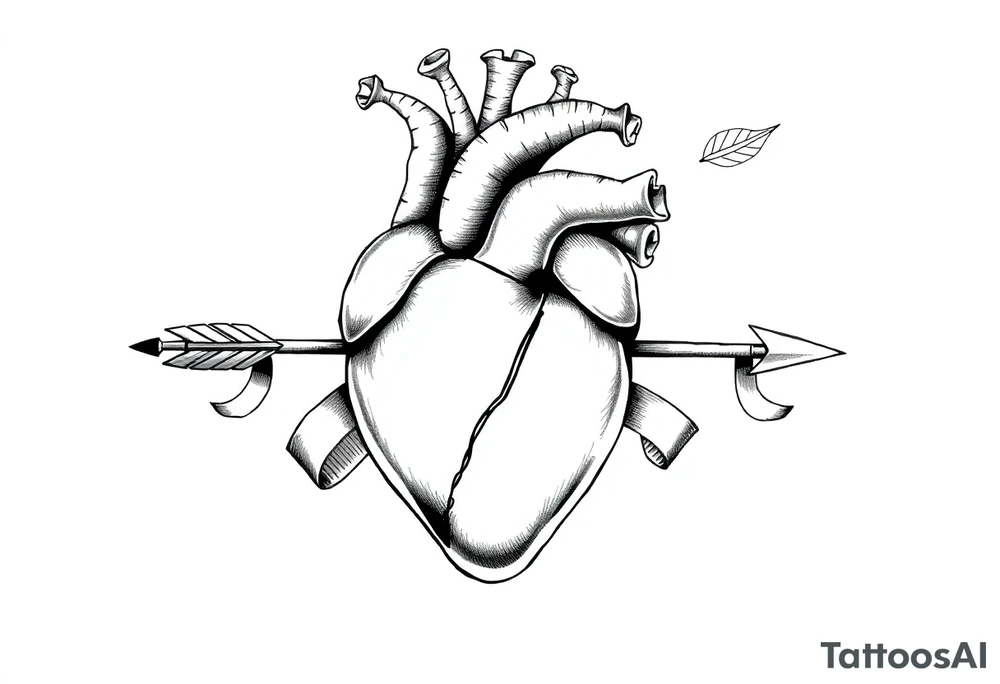 anatomical heart pierced by ornate arrow with flowing ribbons tattoo idea