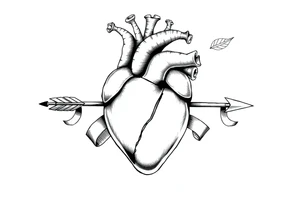 anatomical heart pierced by ornate arrow with flowing ribbons tattoo idea