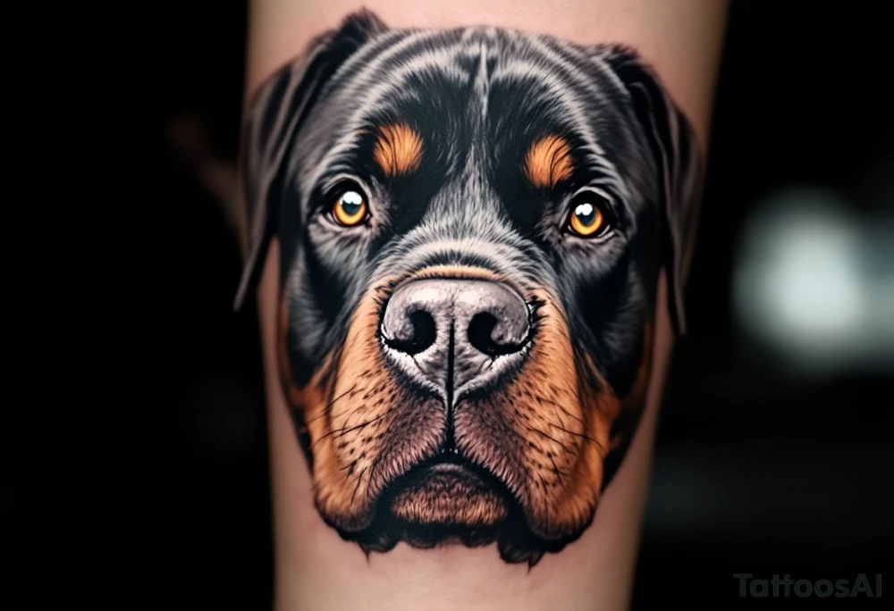 Realistic Rottweiler Portrait – A close-up of a Rottweiler’s face with expressive brown eyes, black fur, and rich mahogany markings. Focus on the soulful gaze and muscular jawline. tattoo idea